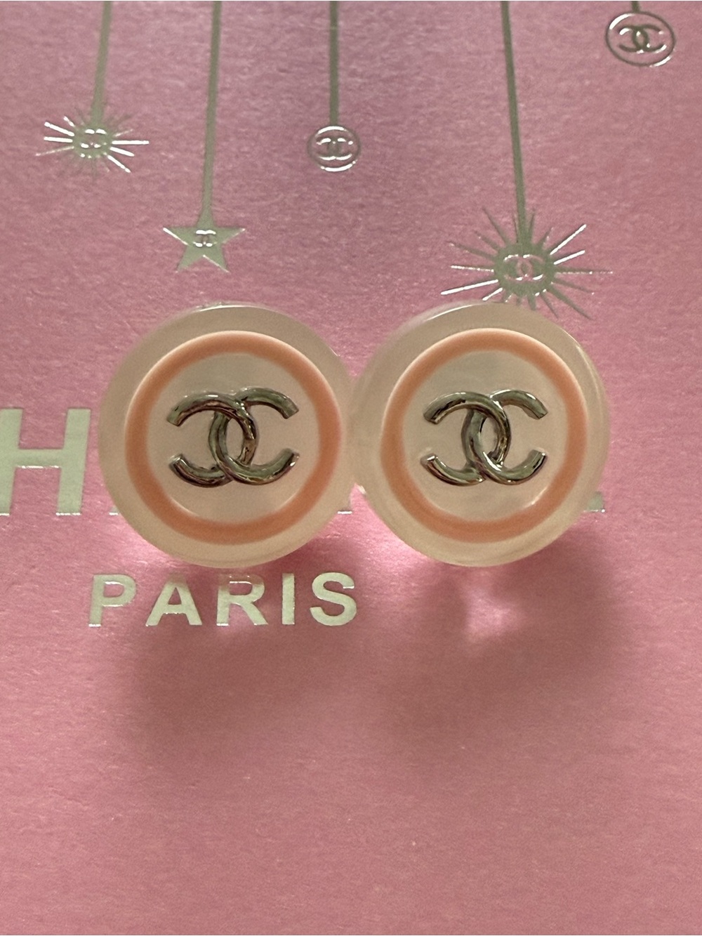 CHANEL Pink and Cream Double CC Button Earrings